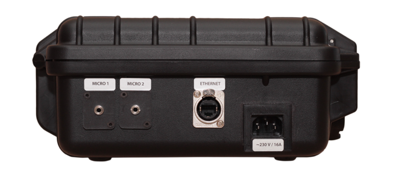 Das BSS - Case ATEM Mini - linke Seitenansicht 2x 3,5mm Klinkenstecker Mikrofoneingängen, Ethernetanschluss und Stromanschlussbuchse (Kaltgerätestecker)