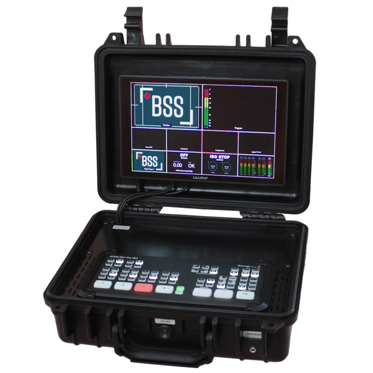 The BSS Case for ATEM Mini is a compact hard-shell case that includes a 10-inch 4k field monitor, integrated power supply, fan and an ATEM Mini video mixer from Blackmagic Design. (ATEM Mini can optionally be configured to do this)