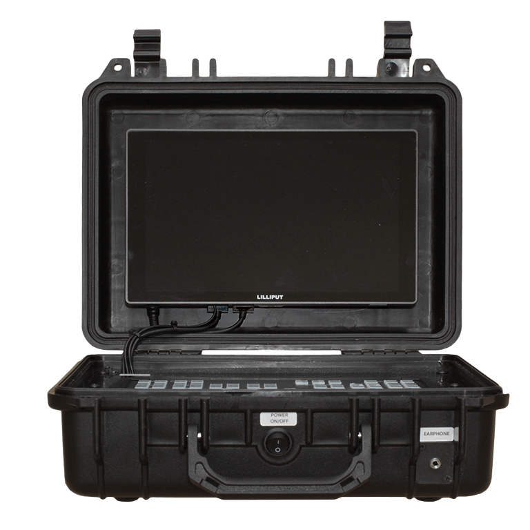 The BSS - Case for ATEM Mini with open lid and switched off monitor - front view
