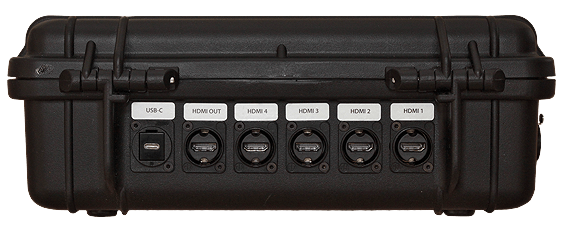 Die Rückseite des ATEM Mini Case Professional mit seinen vier HDMI-Eingangsbuchsen sowie einem USB-C Anschluss und einem HDMI-Ausgnag