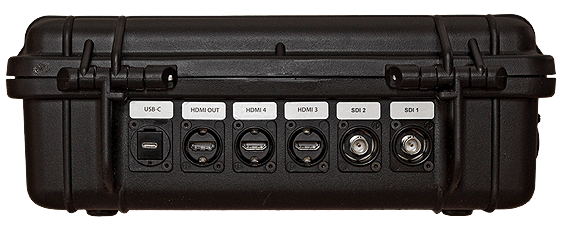 BSS Case Professional with two integrated SDI sockets, viewed from the rear. These replace HDMI inputs 1-2