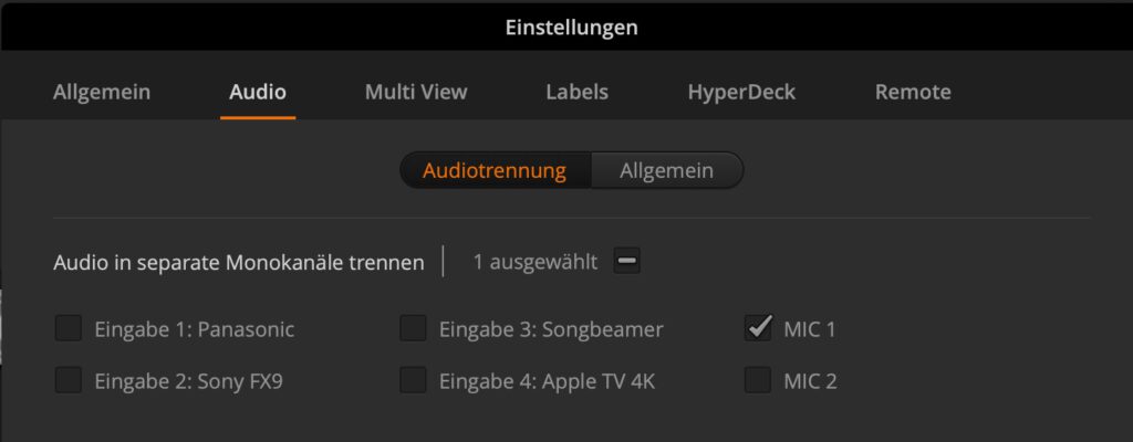 The Audio Settings interface of the ATEM Mini Software Panel