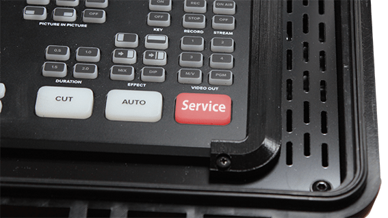 Zeigt als Symbolik den Servicebutton an einem BSS Case für den ATEM Mini