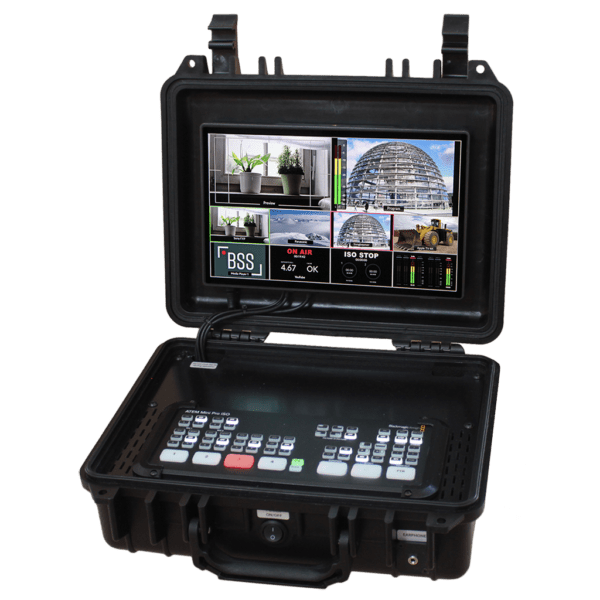 The BSS Case for ATEM Mini is a compact hard-shell case that includes a 10-inch 4k field monitor, integrated power supply, fan and an ATEM Mini video mixer from Blackmagic Design.