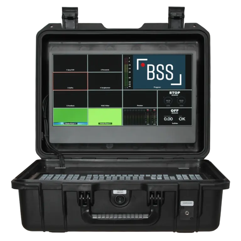 BSS Case für den ATEM Mini mit 15 Zoll Monitor im aufgeklappten Zustand.