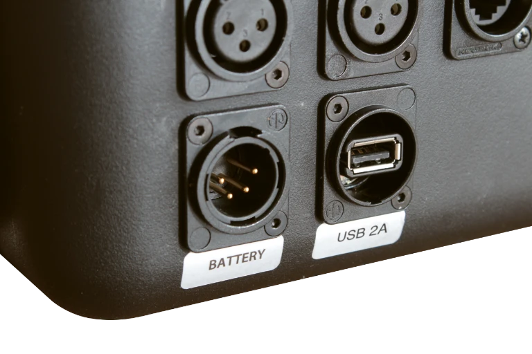 Four-pin XLR panel socket for battery powering the ATEM Mini case.