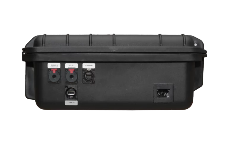 Linke Seiten Ansicht des BSS Case Extreme SDI mit Audio- (6,35 mm Klinkenbuchse ab 01/2025), Ethernet- und USB-C Anschlüssen