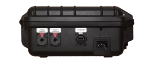 The Professional Case in the left side view with its lockable 6.35mm audio inputs and the Ethernet socket in the lockable XLR housing