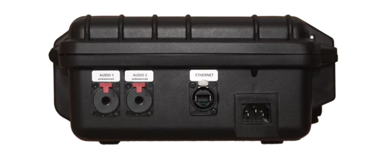 The Professional Case in the left side view with its lockable 6.35mm audio inputs and the Ethernet socket in the lockable XLR housing