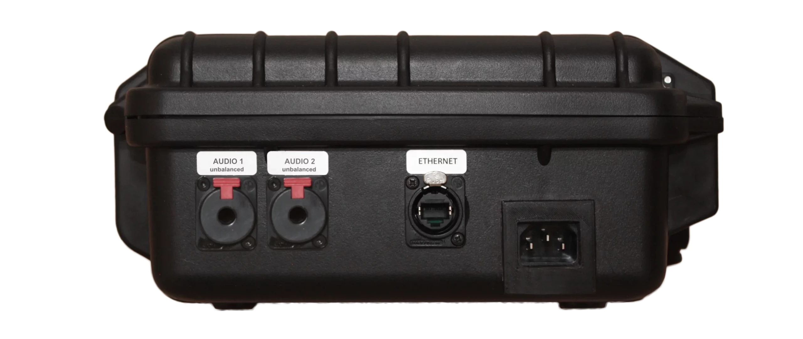 The Professional Case in the left side view with its lockable 6.35mm audio inputs and the Ethernet socket in the lockable XLR housing