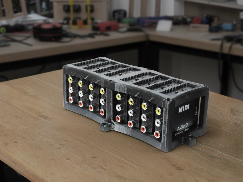 Kundenspezifische 3D-gedruckte Halterung mit acht Analog-Video-auf-HDMI-Konvertern zum Anschluss analoger Videosignale an ein BSS Streaming Case.