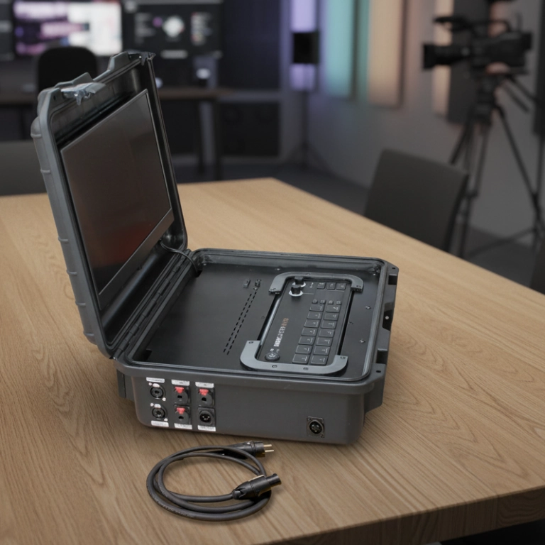 Professionelles BSS Case für Rodecaster Video mit Upgrade auf verriegelbare Neutrik powerCON TRUE1 Stromversorgung.