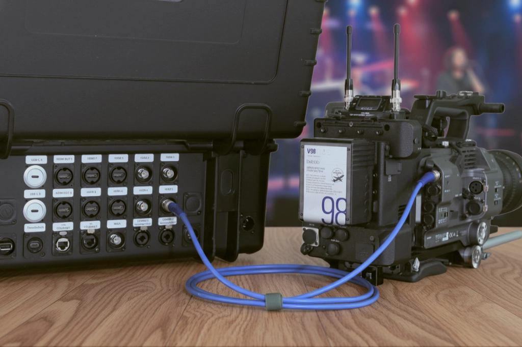 Rückansicht des BSS Case für ATEM Extreme G2 mit optionalen SDI-Schnittstellen und angeschlossener Kamera.