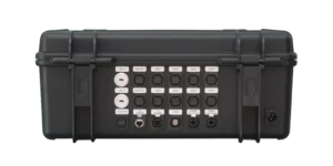 Rückansicht des BSS Cases für ATEM Extreme G2 mit 18 kompakten Anschlüssen in drei Reihen – geschützt verbaut im robusten Koffergehäuse.