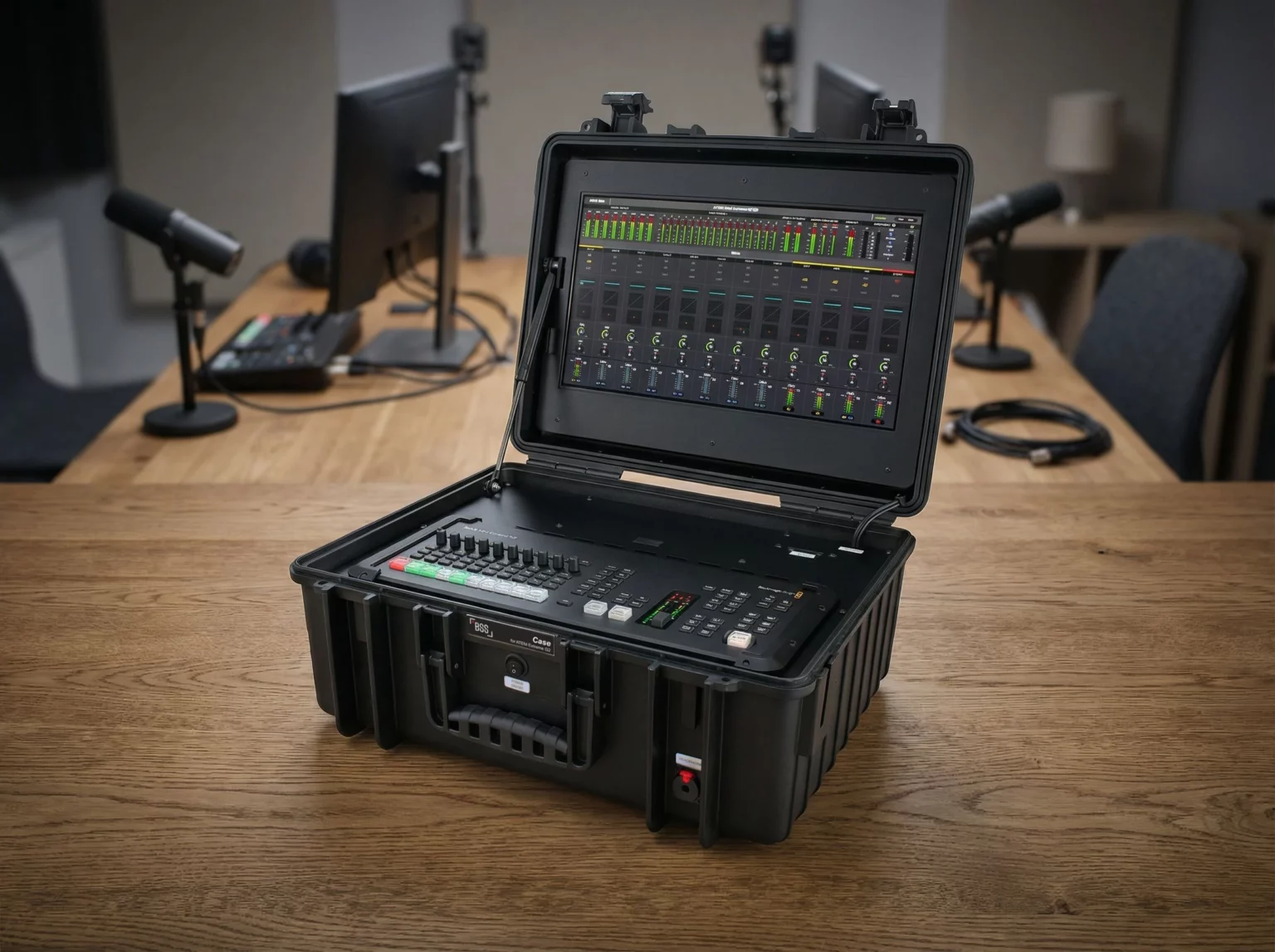 Professionelles BSS Case für ATEM Extreme G2 in einer Studio-Einsatzumgebung – All-in-one Regielösung auf einem Arbeitstisch mit Kameras und Mikrofonen.