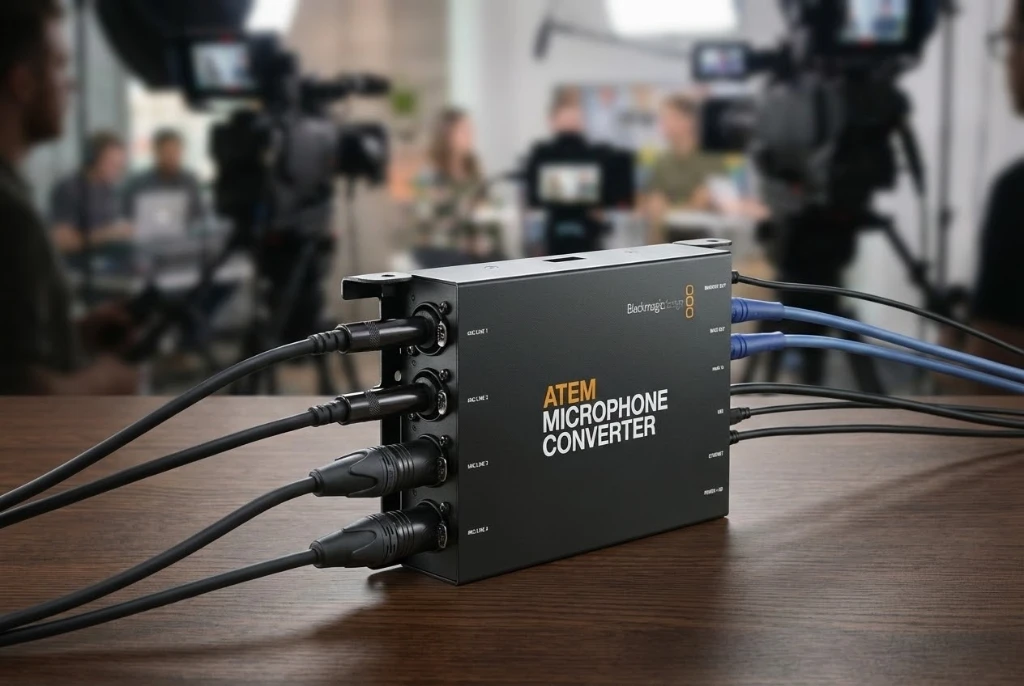 Blackmagic ATEM Microphone Converter mit Montageblech und angeschlossenen Kabeln auf einem Tisch.