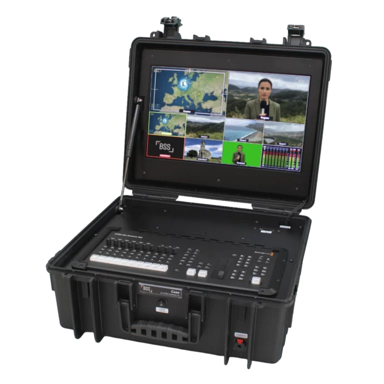 Mobiles BSS Case für Blackmagic ATEM Mini Extreme G2 mit integriertem 18 Zoll Monitor und Multiview-Ansicht – schräge Ansicht.