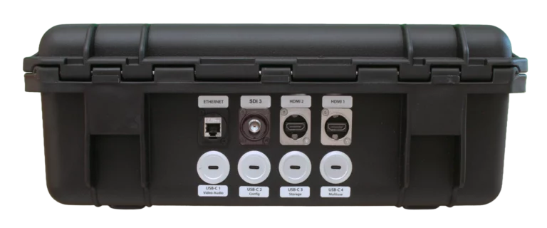 Rückseite des BSS Cases für den Rodecaster Video S mit BNC-Buchse für den internen 3G-SDI Wandler anstelle von HDMI 3.
