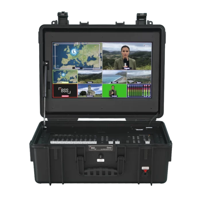 BSS Case für ATEM Extreme G2 mit 18" Monitor – Anzeige der komplexen Audio-Mischer-Oberfläche für maximale Übersicht.