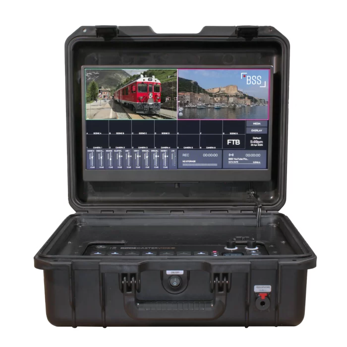 Frontalansicht des geöffneten BSS Case mit Rodecaster Video und integriertem 16,1-Zoll Full-HD-Monitor